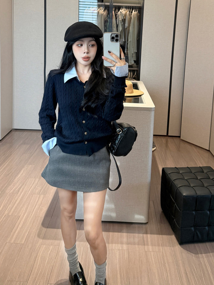 【tops】シャツネックフェイクレイヤードニットトップス Q9186