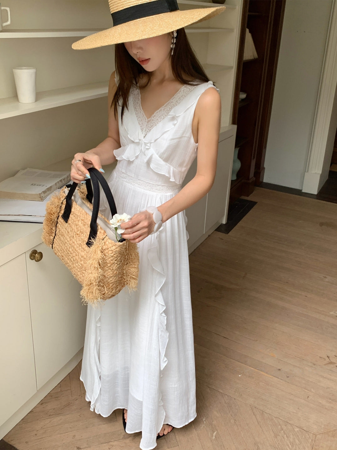 【dress】ノースリーブレースドッキングロングワンピース Q8657