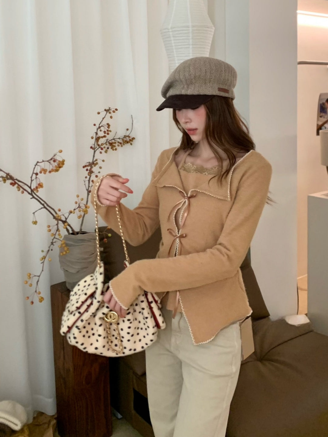 【tops】リボン付きフェイクレイヤードトップス Q9292