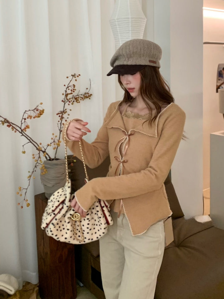 【tops】リボン付きフェイクレイヤードトップス Q9292