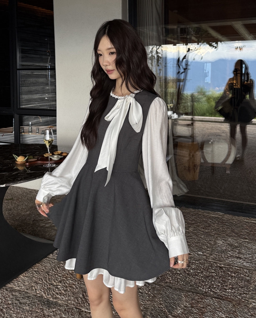 【dress】リボン付きフェイクレイヤードワンピース Q8928