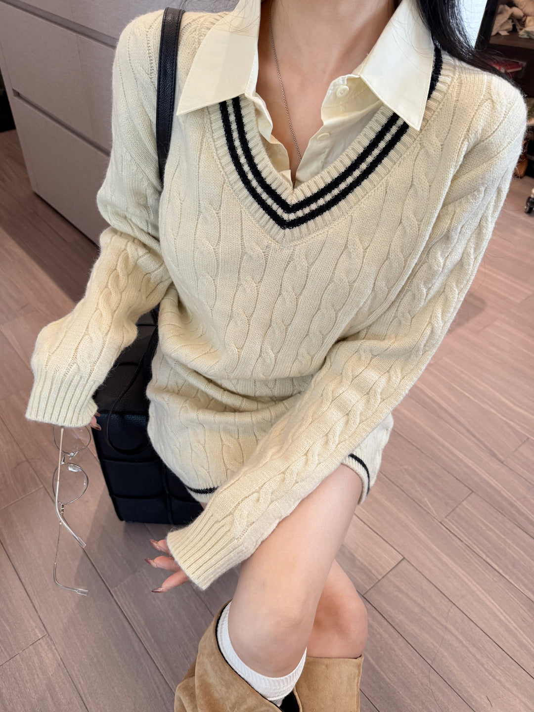 【set】フェイクレイヤードニットトップス×ニットスカートセット Q9195