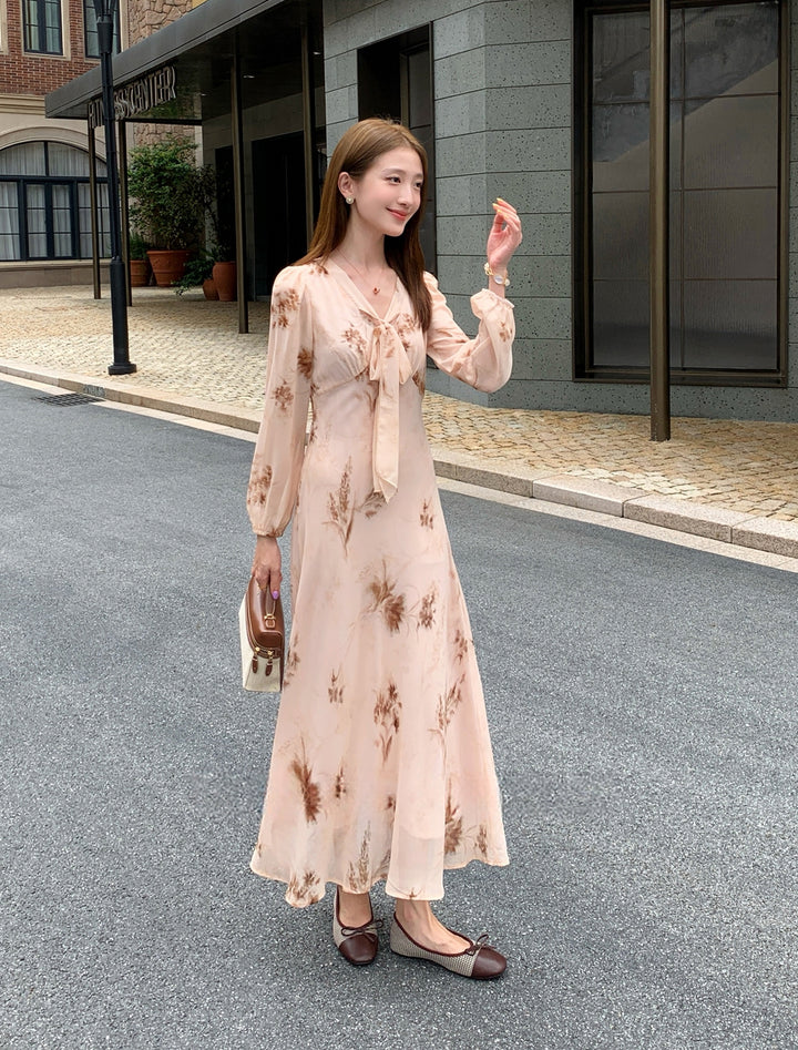 【dress】ボウタイフラワー柄ロングワンピース Q8919