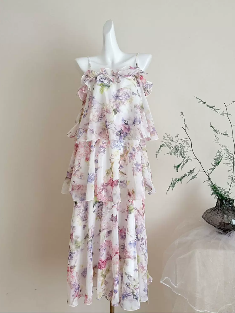 【dress】フラワー柄ギャザーフリルロングキャミワンピース Q8552