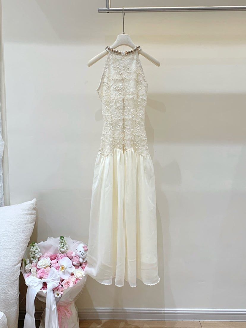 【dress】ノースリーブレースドッキングロングワンピース Q8685