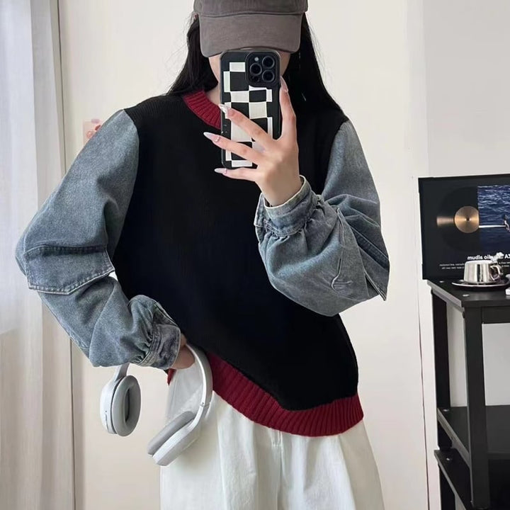 【tops】デニム袖ドッキングセーター Q6372