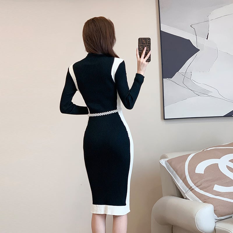 【dress】配色切り替えニットワンピースベルト付き　M17676