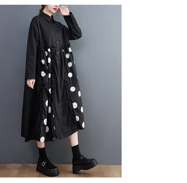 【dress】韓国系プリント切り替えシャツワンピースゆったり　M17448