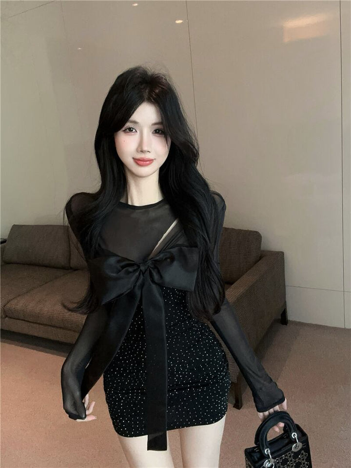 【dress】チュールコンビビジューリボン付きワンピース　M29784