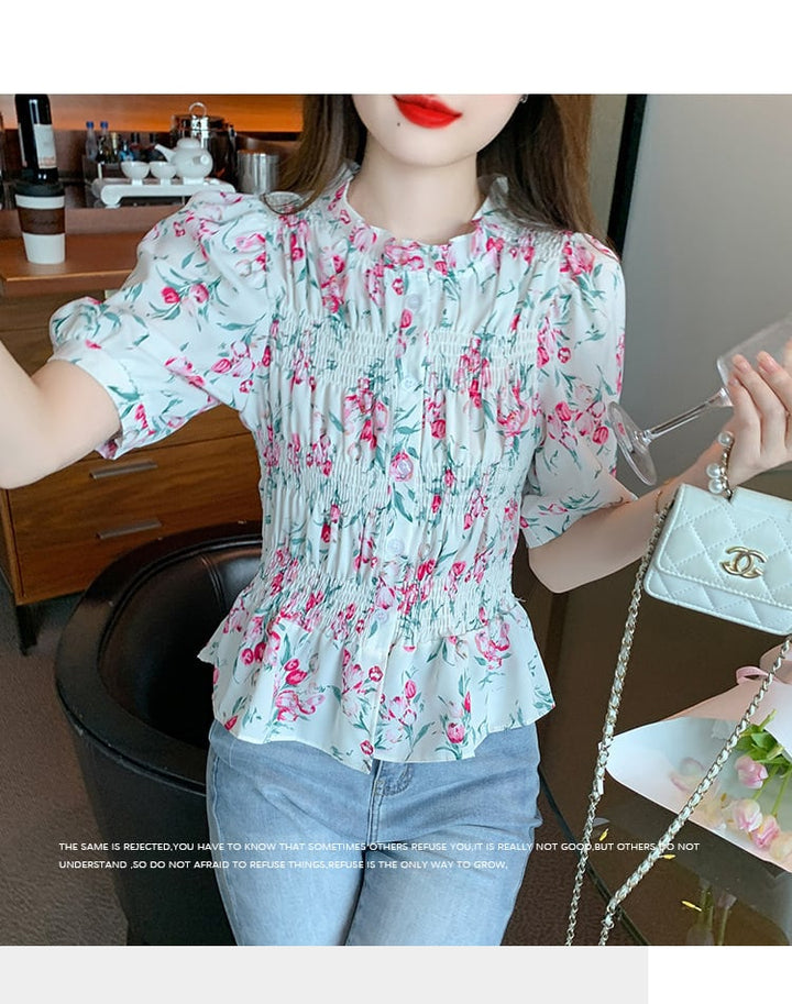 【tops】美人度アップスウィートパフスリーブ花柄トップス　M17339