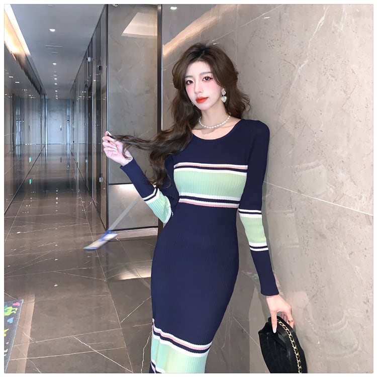 【dress】ボーダー柄配色ニットワンピース　M18172