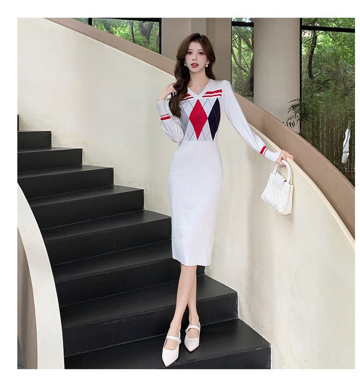 【dress】Vネックニットワンピース　M26546