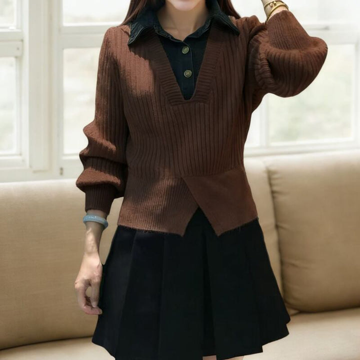 【tops】フェイクレイヤードニットトップス Q7714