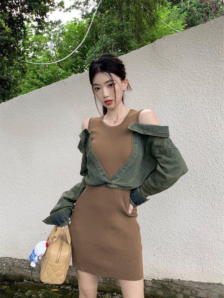 【dress】デニムドッキングニットワンピース　M17979