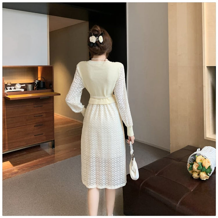 【dress】レースドッキングニットワンピース　M18431