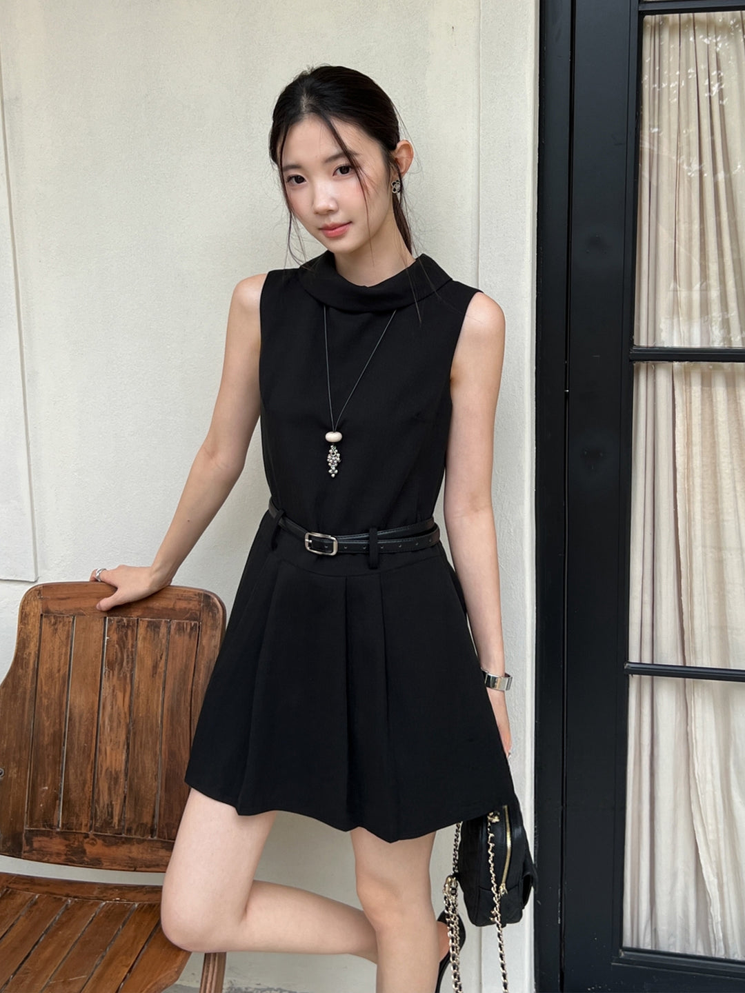 【dress】ベルト付きノースリーブミニワンピース Q8669