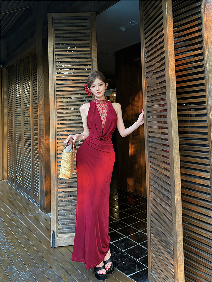 【dress】レースドッキングドレープドネックワンピース Q8634
