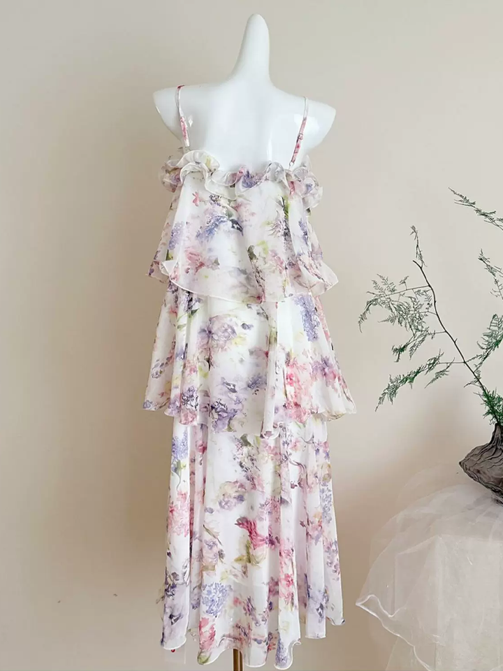 【dress】フラワー柄ギャザーフリルロングキャミワンピース Q8552