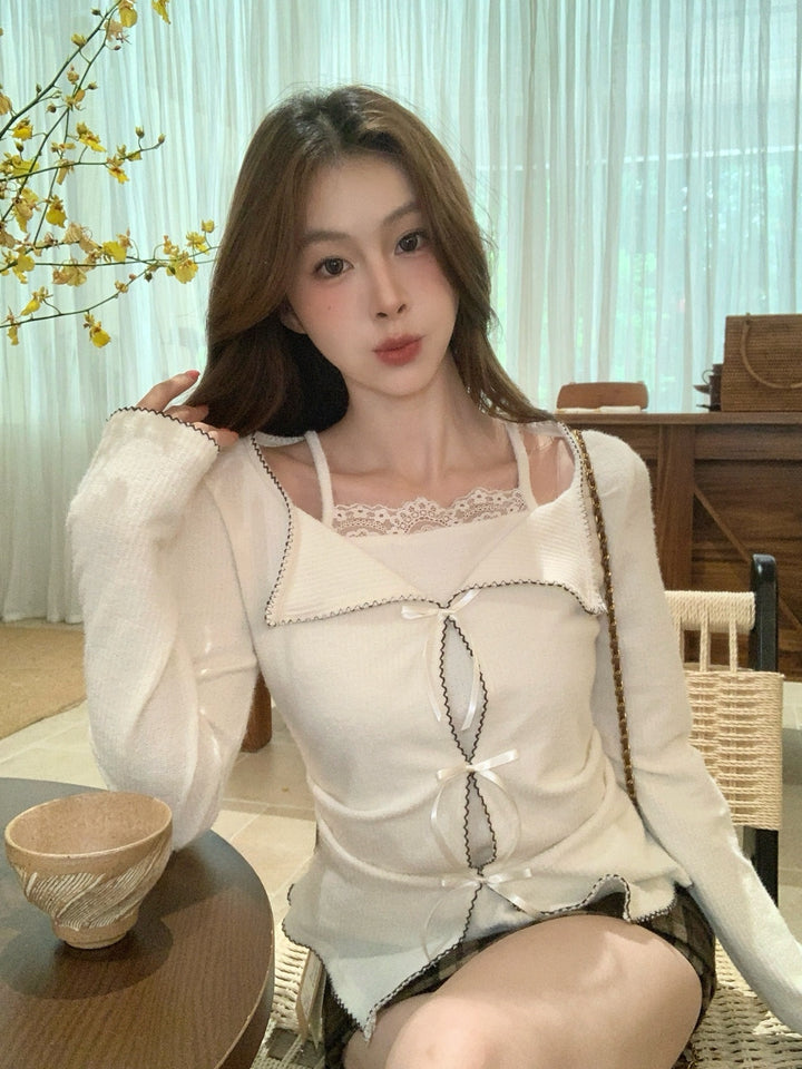 【tops】リボン付きフェイクレイヤードトップス Q9292