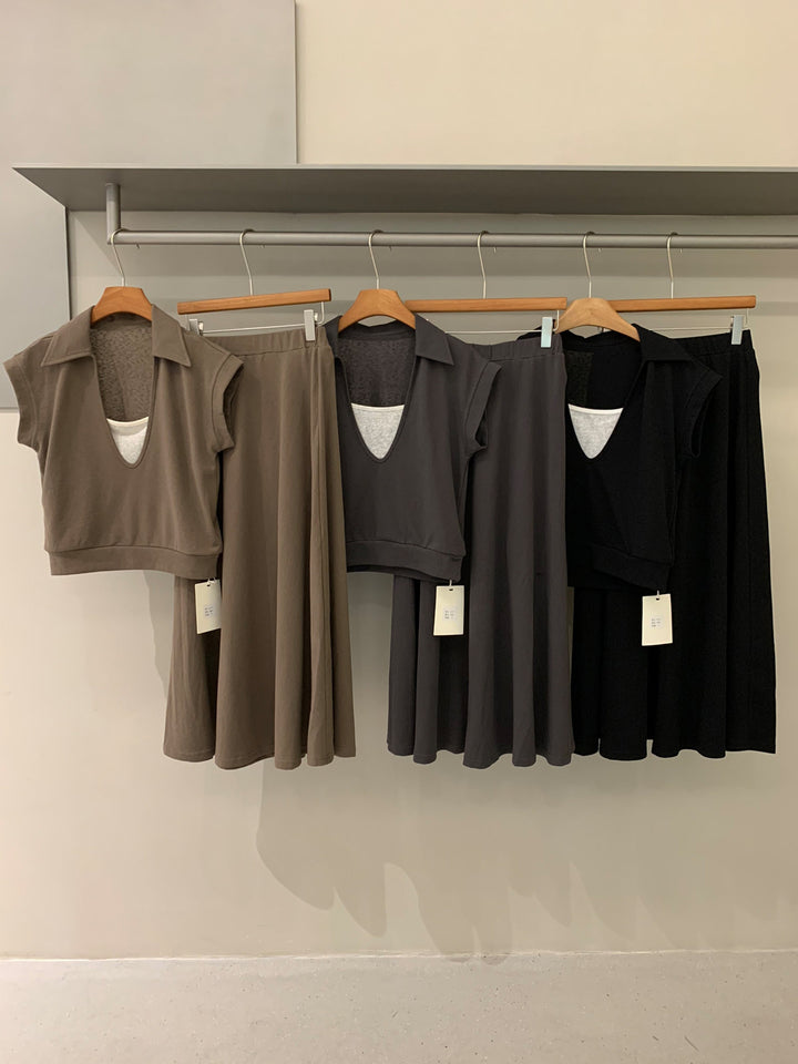 【set】フェイクレイヤードトップス×ロングスカートセット Q8660