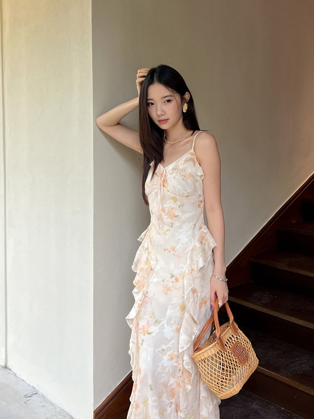 【dress】フラワー柄ギャザーフリルロングキャミワンピース Q8668