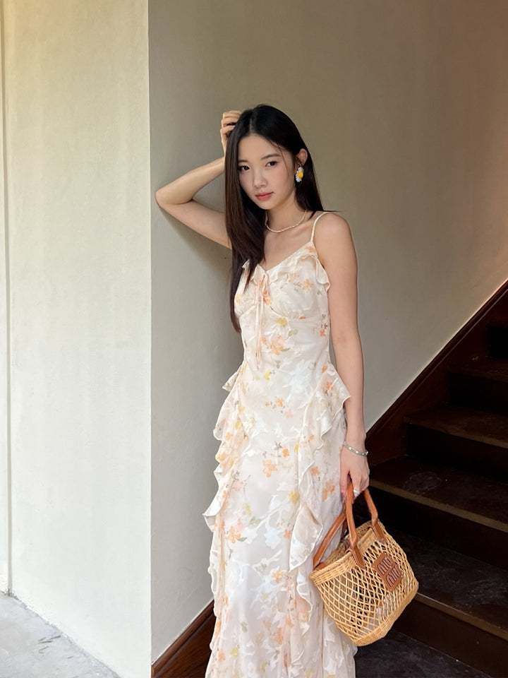【dress】フラワー柄ギャザーフリルロングキャミワンピース Q8668