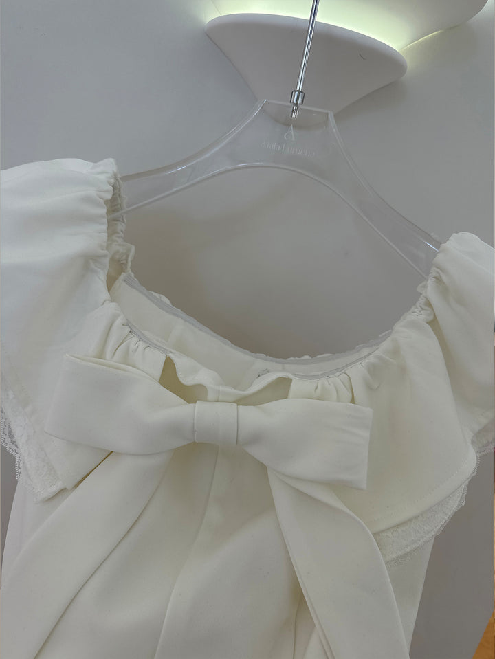 【dress】リボン付きレースドッキングミニワンピース Q8692