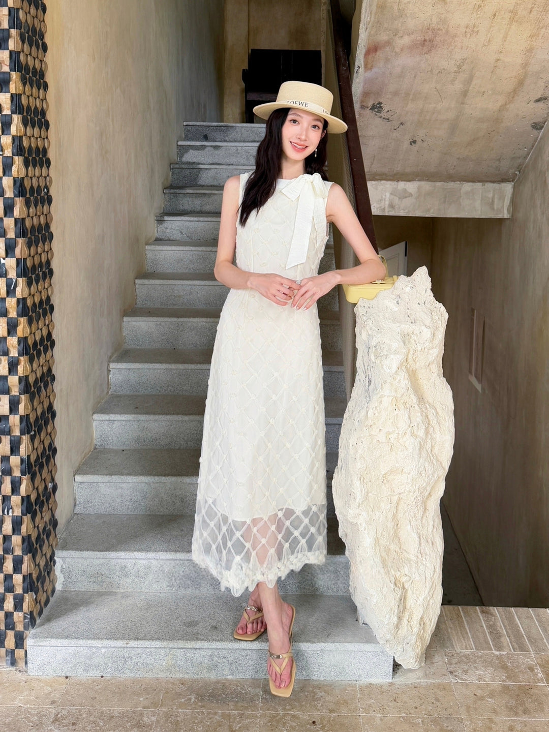 【dress】ノースリーブリボン付きロングワンピース Q8679