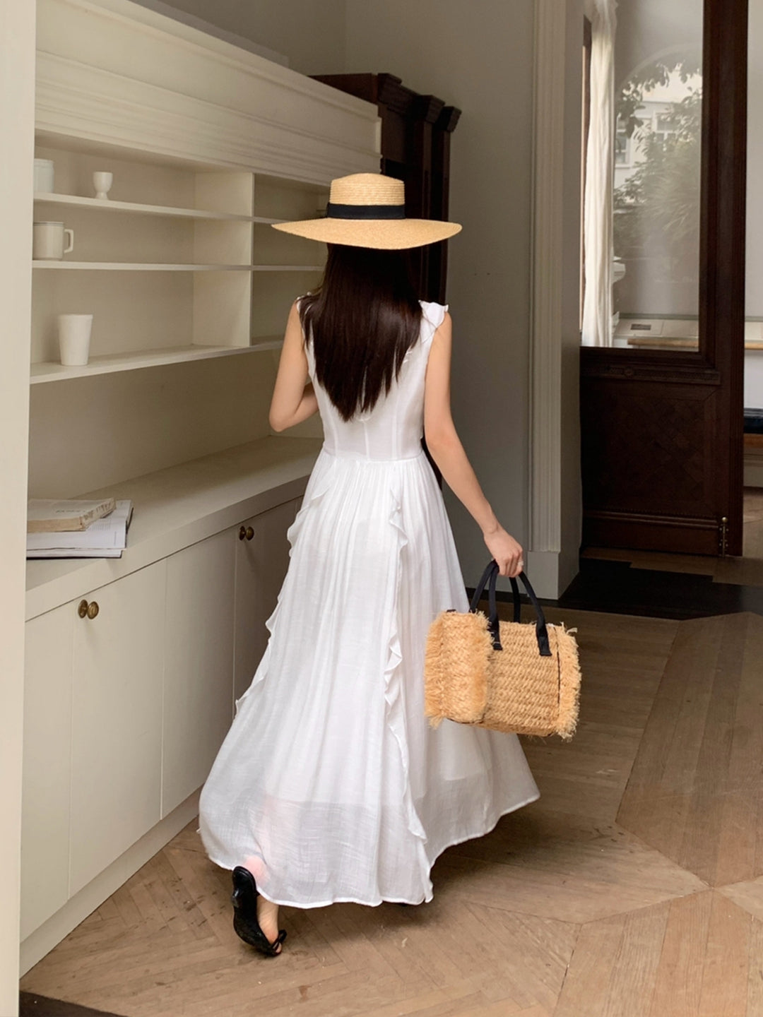 【dress】ノースリーブレースドッキングロングワンピース Q8657