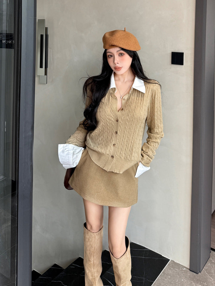【tops】シャツネックフェイクレイヤードニットトップス Q9186