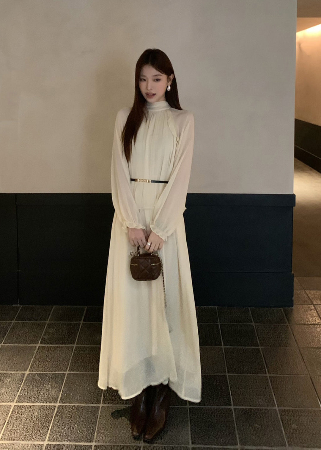 【dress】ベルト付きバックリボンロングワンピース Q8984