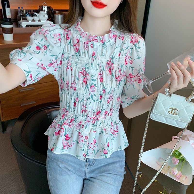 【tops】美人度アップスウィートパフスリーブ花柄トップス　M17339