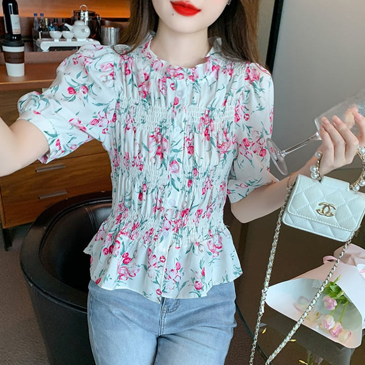 【tops】美人度アップスウィートパフスリーブ花柄トップス　M17339