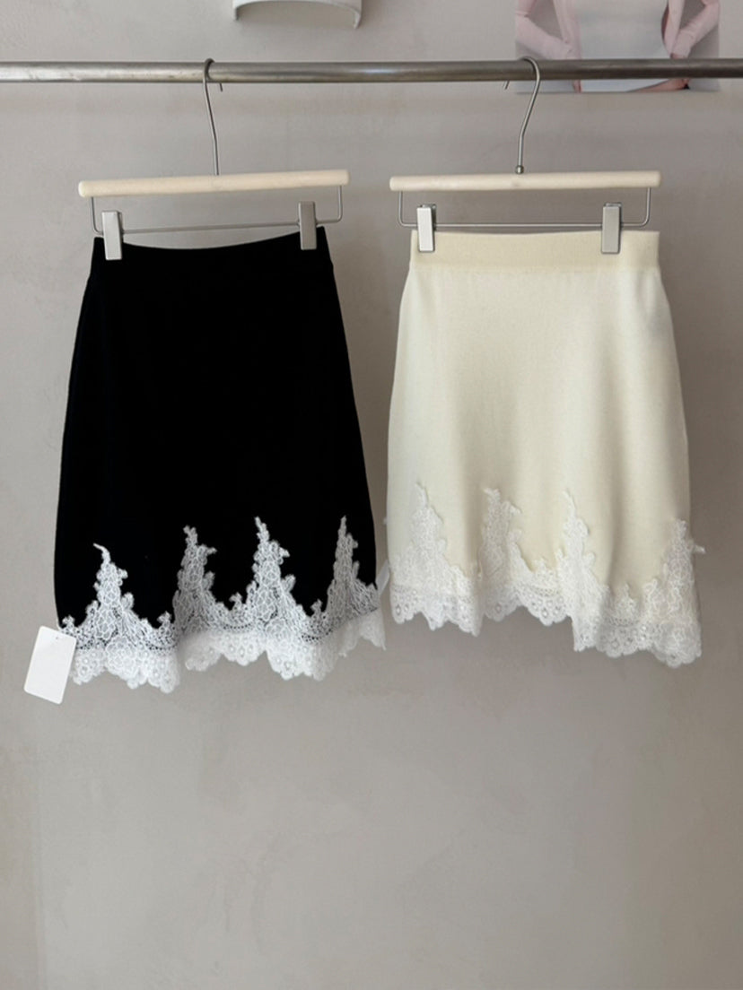 【bottoms】レースドッキングニットスカート Q9132