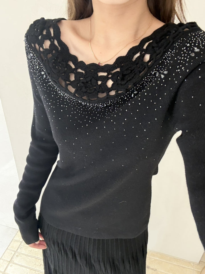 【tops】レースネックニットトップス Q9128
