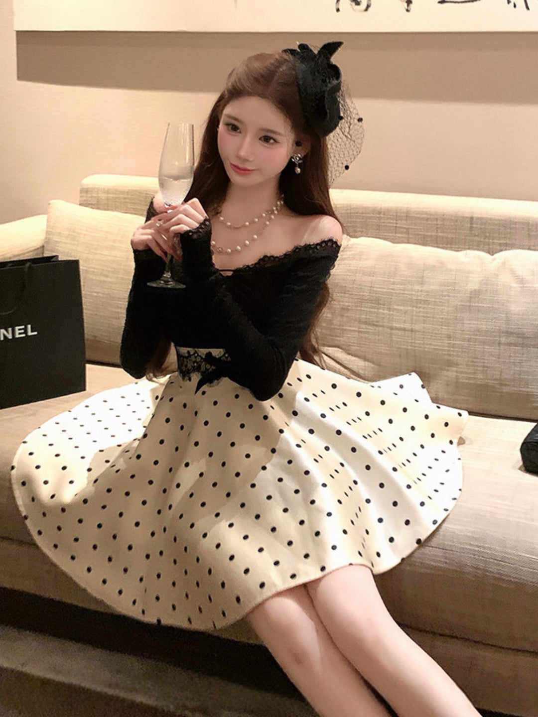 【set】レースドッキングトップス×ドット柄ミニスカートセット Q9278