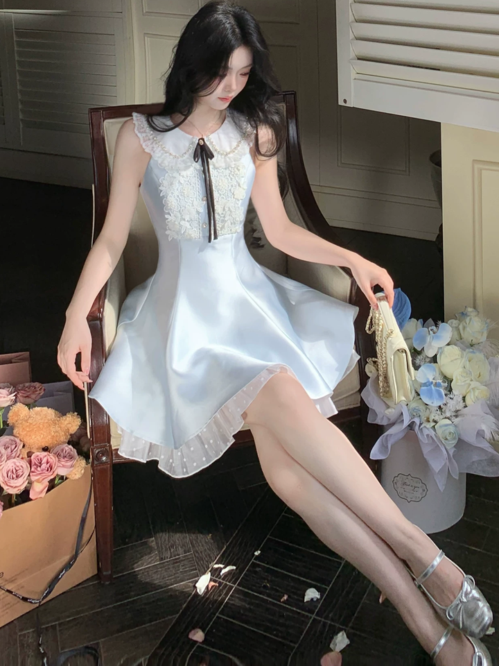 【dress】レースドッキングピーターパンカラーミニワンピース Q8549