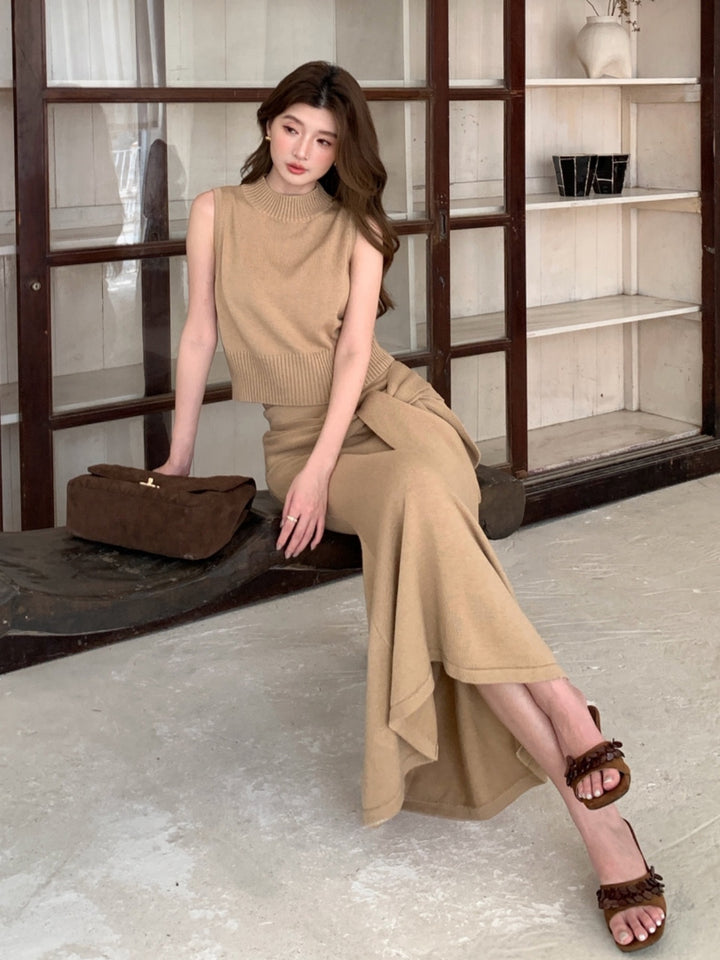 【set】ノースリーブニットトップス×ロングマーメイドスカートセット Q9311