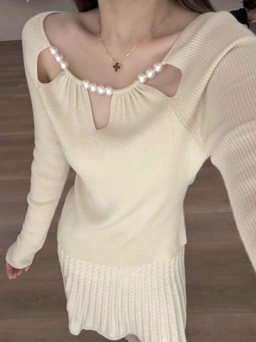 【tops】パール付きニットトップス Q9129