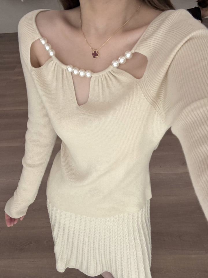 【tops】パール付きニットトップス Q9129