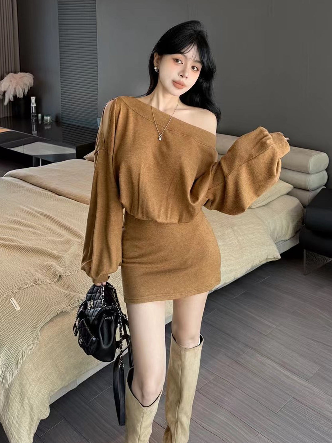【dress】オフショルダーニットワンピース Q9198