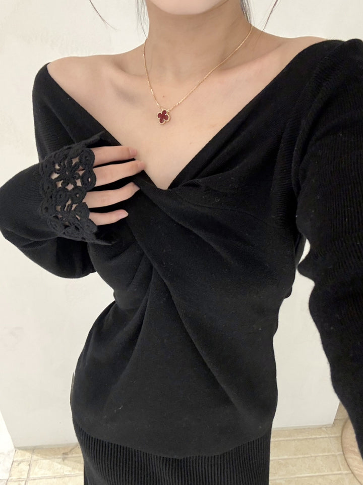 【tops】クロスネックニットトップス Q9154