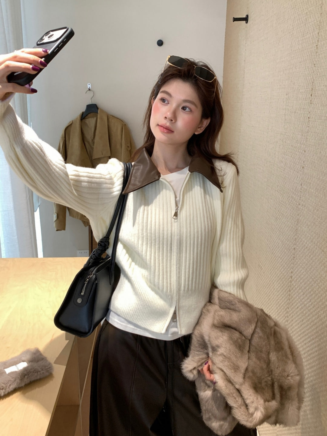 【outer】PUネックドッキングニットカーディガン Q9267
