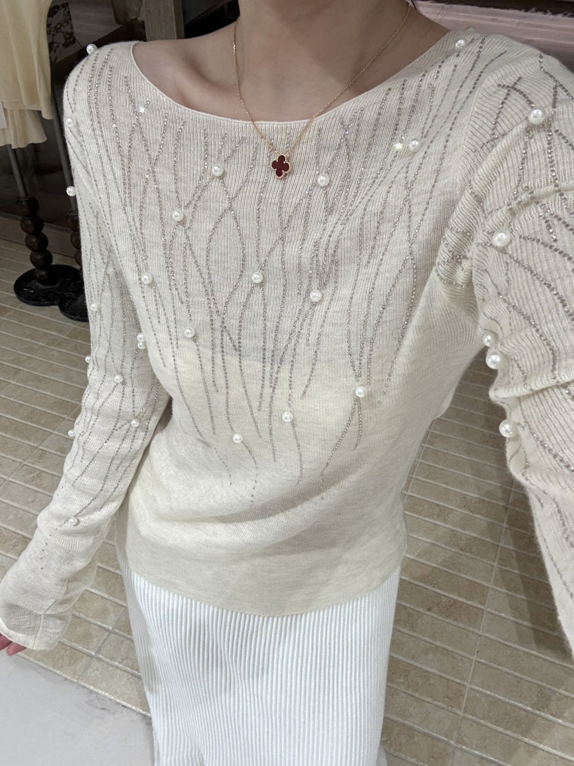 【tops】パール付きニットトップス Q9134