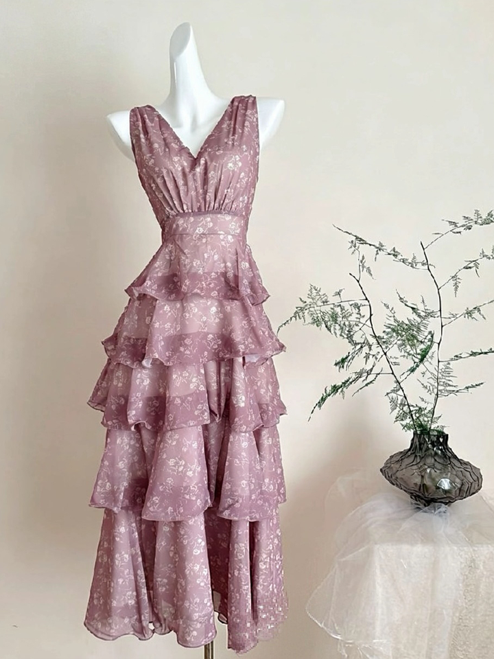 【dress】フラワー柄ノースリーブロングティアードワンピース Q8537