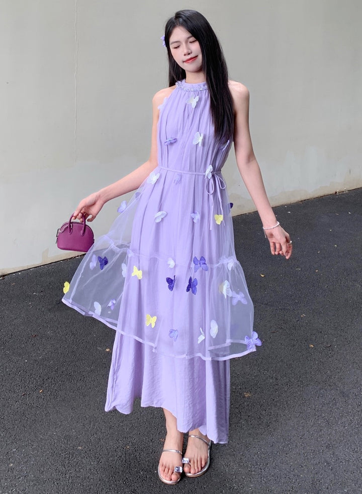 【dress】ノースリーブ立体感蝶ロングワンピース Q8662