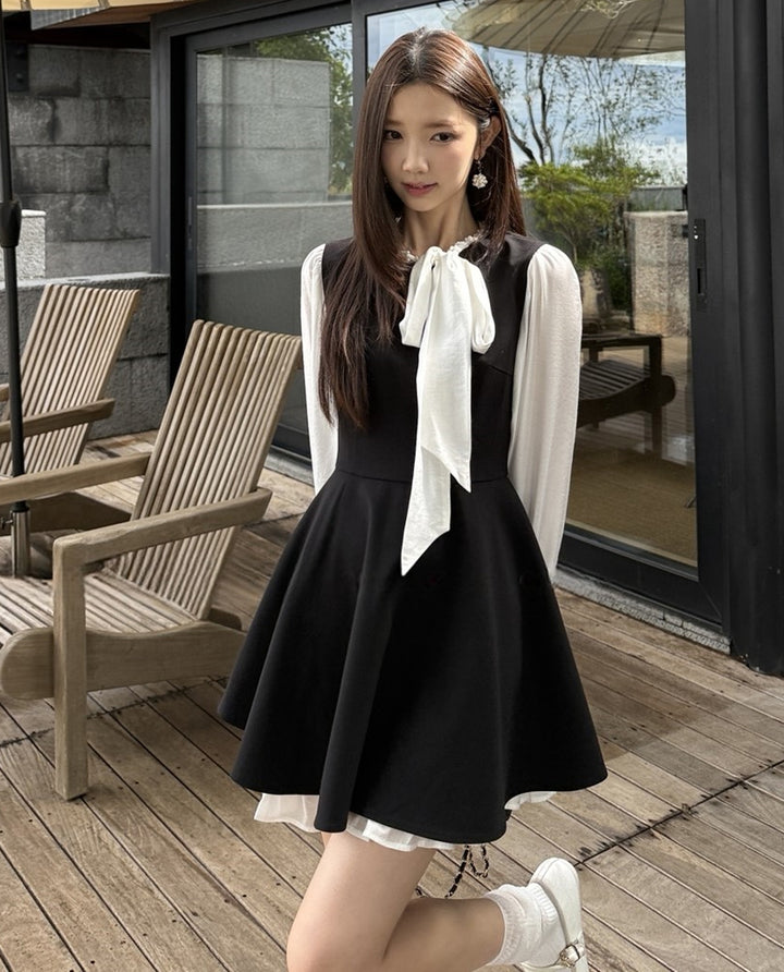 【dress】リボン付きフェイクレイヤードワンピース Q8928