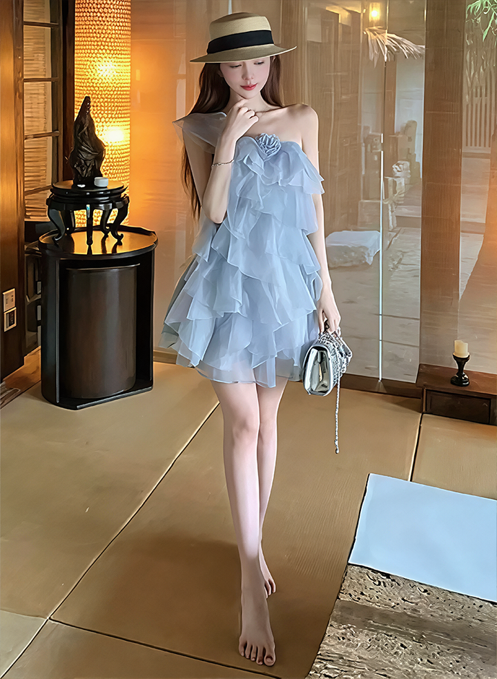 【dress】ワンショルダーチュールティアードワンピース Q8603