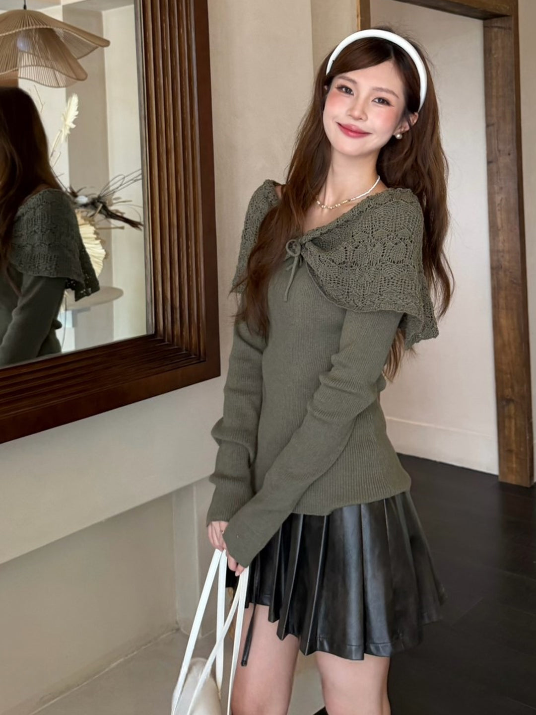 【tops】フェイクレイヤードニットトップス Q8937