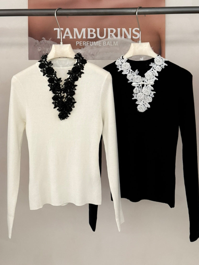 【tops】Vネックレースドッキングニットトップス Q9155